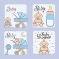 Set baby shower cards with cute little babies Royalty Free Stock Photo