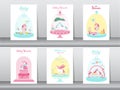 Set of baby shower cards,poster,invitations, cards,template,greeting cards,animals,fantasy,magica ,Cute funny cartoon unicorn in a Royalty Free Stock Photo
