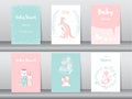 Set of baby shower invitation cards,birthday cards,poster,template,greeting cards,cute,kangaroo,cats,elephant,fox,animal,Vector il Royalty Free Stock Photo