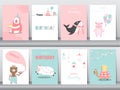 Set of baby shower invitation cards,birthday,poster,template,greeting,cute,bea r,animal,Vector illustrations Royalty Free Stock Photo