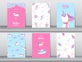Set of baby shower invitation cards,birthday cards,poster,template,greeting,cards,cute,fantasy,unicorn,animal,Vector illustrations Royalty Free Stock Photo