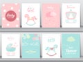 Set of baby shower invitation cards,birthday cards,poster,template,greeting cards,cute,kawaii,Rocking Horse,Vector illustrations Royalty Free Stock Photo