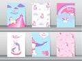 Set of baby shower invitation cards,birthday cards,poster,template,greeting,cards,cute,fantasy,unicorn,animal,Vector illustrations Royalty Free Stock Photo