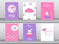 Set of baby shower invitation cards,birthday cards,poster,template,greeting,cards,cute,fantasy,unicorn,animal,Vector illustrations Royalty Free Stock Photo