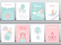 Set of baby shower invitation cards,happy birthday,poster,template,greeting,cute, animal,Vector illustrations. Royalty Free Stock Photo