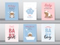Set of baby shower invitation cards,happy birthday,poster,template ,greeting,cute,bear,animal,Vector illustrations. Royalty Free Stock Photo