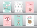 Set of baby shower invitation cards,happy birthday,poster,template,greeting,cute,cat, animal,Vector illustrations. Royalty Free Stock Photo