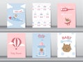 Set of baby shower invitation cards,happy birthday,poster,template, greeting,cute,cat,animal,Vector illustrations. Royalty Free Stock Photo