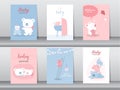 Set of baby shower invitations cards with babies boy and girl ,cute design,poster,template,storks,Vector illustrations.