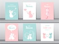 Set of baby shower invitations cards, poster, greeting, template, animals, cat,cute ,Vector illustrations Royalty Free Stock Photo
