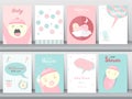 Set of baby shower invitations cards, poster, greeting, template, animals, cute, Vector illustrations Royalty Free Stock Photo