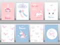 Set of baby shower invitations cards, poster, greeting, template, animals,unicorn, Vector illustrations Royalty Free Stock Photo