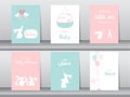 Set of baby shower invitations cards, poster, greeting, template, animals,unicorn, Vector illustrations Royalty Free Stock Photo