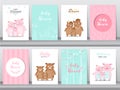 Set of baby shower invitations cards, poster, greeting, template, animals,wild boars,pig,hogs,Vector illustrations