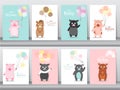Set of baby shower invitations cards, poster, greeting, template, animals,wild boars,pig,hogs,Vector illustrations