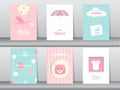 Set of baby shower invitations cards,poster,greeting,template,stork,birthday,bear,Vector illustrations. Royalty Free Stock Photo