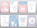 Set of baby shower invitations cards, poster, greeting, template, stork, goose, duck, Vector illustrations