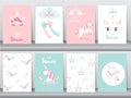 Set of baby shower invitations cards, poster, greeting, template, animals, unicorn, Vector illustrations Royalty Free Stock Photo