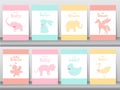 Set of baby shower invitations on paper cards, poster, greeting, template, animals,elephants,rabbit,unicorn,cats,birds,cats,Vector Royalty Free Stock Photo