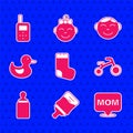 Set Baby socks, bottle, Speech bubble mom, Bicycle for kids, Rubber duck, Little boy head and monitor walkie talkie icon