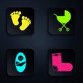 Set Baby socks clothes, Baby footprints, Newborn baby infant swaddled and Baby stroller. Black square button. Vector