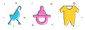 Set Baby stroller, Baby dummy pacifier and Baby clothes icon. Vector