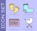 Set Baby stroller, Baby footprints, Calendar and Baby socks clothes icon. Vector Royalty Free Stock Photo