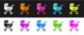 Set Baby stroller icon isolated on black and white background. Baby carriage, buggy, pram, stroller, wheel. Vector Royalty Free Stock Photo
