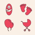 Set Baby stroller, Newborn baby infant swaddled, Baby footprints and Balloons with ribbon icon. Vector