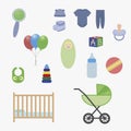 Set of baby supplies against white background Royalty Free Stock Photo