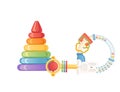 Set of baby toys pyramid teething bracelet and rattle toy vector illustration isolated on white background