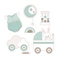 Set with baby trendy clothes, furniture and toys.