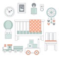 Set with baby trendy furniture and toys.
