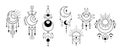 Set of back esoteric symbol with crescent, star and sun. Contour space sacred decoration. Vector outline magic elements