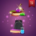 Set of back to school 3D icons, books, chemical flasks and school backpack