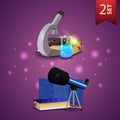 Set of back to school 3D icons, microscope, books, chemical flask, telescope, map of the constellations. Royalty Free Stock Photo