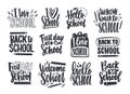 Set of Back to School lettering handwritten with elegant calligraphic font and decorated with stationary or writing