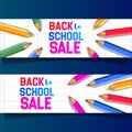 Set back to school sale off banner with stationary group pencil color