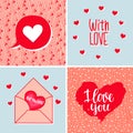 A set of backgrounds with hearts, letters and text. Valentine`s Day, wedding, birthday. Vector illustration