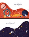 Set of backgrounds with the image of the starry and red sky. Vector space posters with stars, meteorites and geometric shapes. Royalty Free Stock Photo