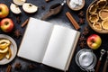 Set of backing ingredients with empty cookbook. Generative AI