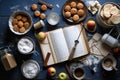Set of backing ingredients with empty cookbook. Generative AI