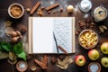 Set of backing ingredients with empty cookbook. Generative AI