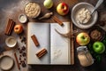 Set of backing ingredients with empty cookbook. Generative AI