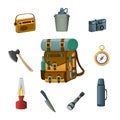 Set of backpacking essentials. Contents of the hiking backpack. Royalty Free Stock Photo