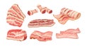 Set of Bacon Slices, Thin Strips, Delicious Food for Breakfast. Rashers, Raw or Smoked Fatty of Pork Meat, Tasty Snack