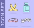 Set Bacon stripe, Crossed sausage, Steak meat and Sauce bottle icon. Vector