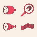 Set Bacon stripe, Salami sausage, Fish steak in frying pan and Chicken leg icon. Vector Royalty Free Stock Photo