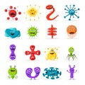 Set of bacteria characters. Cartoon vector illustration. Microbiology