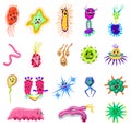 Set of bacteria characters. Cute germ and micro Microbe funny infection and virus. Funny bad emotions. Cartoon Color Royalty Free Stock Photo